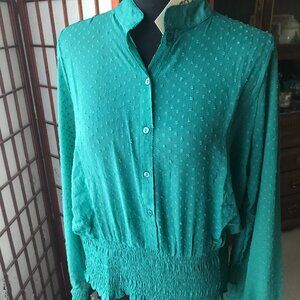 Junior Plus Size Green Mesh Polka Dot Balloon Sleeve Button-Down Blouse 1X NWT